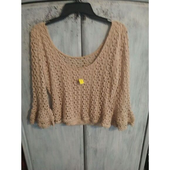 Free People Crocheted Flared Sleeve Top Small Beige Boho Cottage Core Y2k - Picture 3 of 8